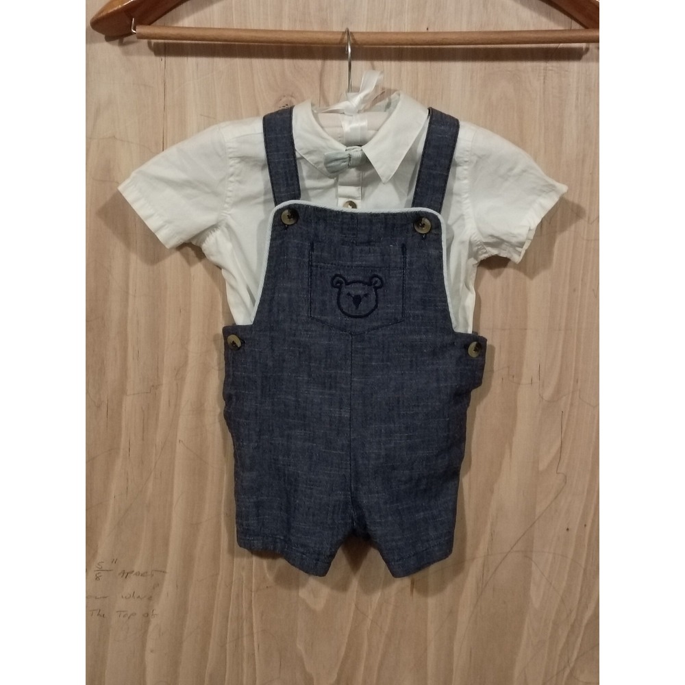 Tommy Bahama Baby Boys 3-6M White Shirt Blue Chambray Bear Overalls‎ 2pc Set